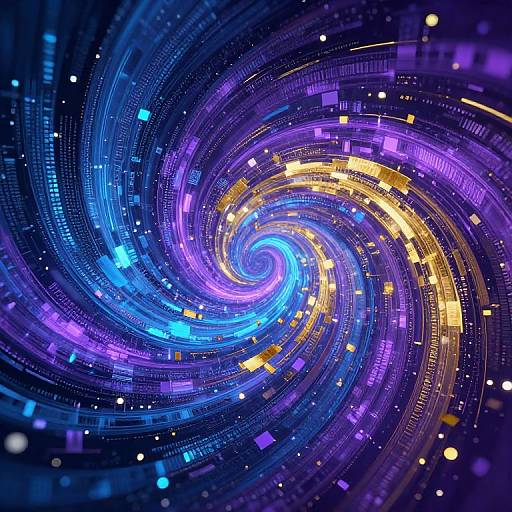 Digital art of a vibrant, swirling galaxy with neon blue, purple, and yellow circular patterns, creating a dynamic, hypnotic effect.