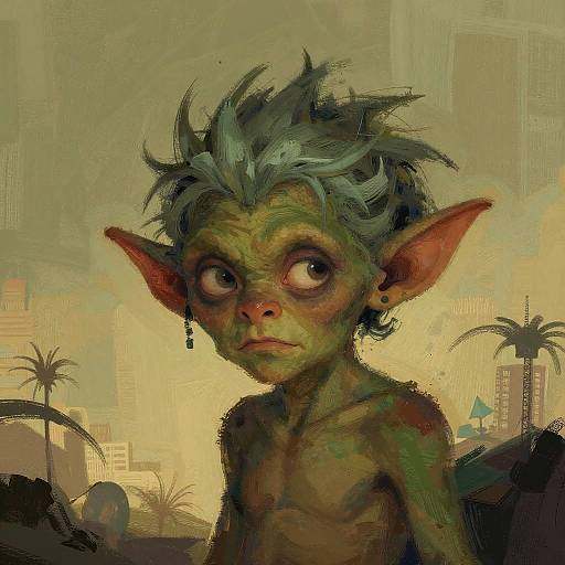 Digital painting of a green-skinned, spiky-haired goblin with large ears, wide eyes, and a serious expression, set against a yellow,