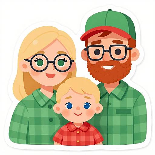 Cartoon illustration of a smiling, blonde-haired woman, bearded man in green plaid shirt and cap, and blonde boy in red shirt.