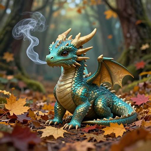 Digital artwork of a blue and gold dragon with scales, horns, and wings, smoking a pipe in a forest covered in autumn leaves.