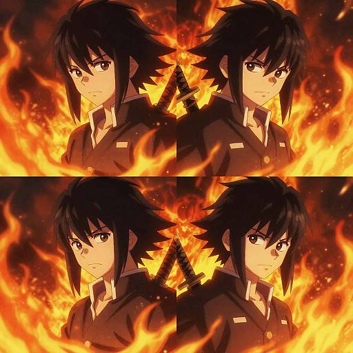 Digital anime-style illustration of a black-haired, serious-eyed male character in a black school uniform, back-to-back with himself, surrounded by intense, vibrant