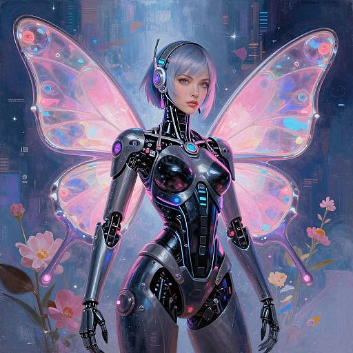Cyberpunk Android Woman with Butterfly Wings