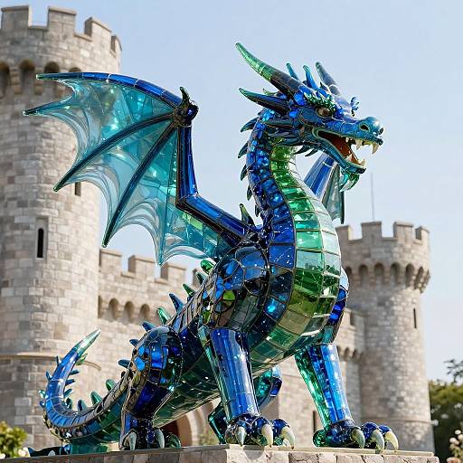 Photograph of a vibrant blue and green glass dragon statue with translucent wings, standing before a medieval stone castle.