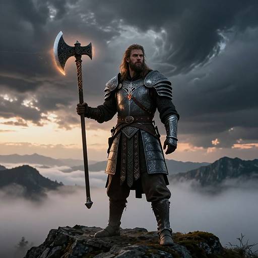 Photograph of a bearded Viking warrior with long hair, wearing ornate steel armor and holding a glowing battle axe, standing on a rocky cliff at