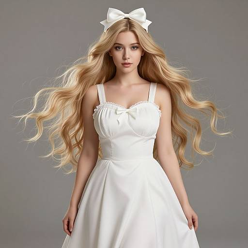 Photograph of a blonde woman with long, wavy hair, wearing a white, sleeveless, lace-trimmed dress and a large white bow