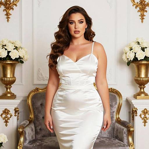 Photograph of a curvy woman with long brown hair in a white satin dress, standing in an elegant room with gold accents and white floral arrangements.