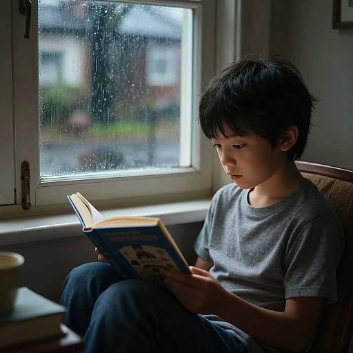 Photograph of a young boy with short black hair, wearing a gray t-shirt and blue jeans, reading a book by a rain-streaked window