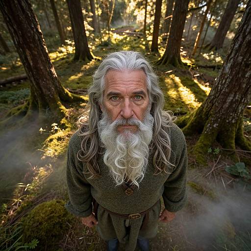 Photograph of an elderly man with long white hair and beard, wearing a dark green tunic, standing in a sunlit forest.