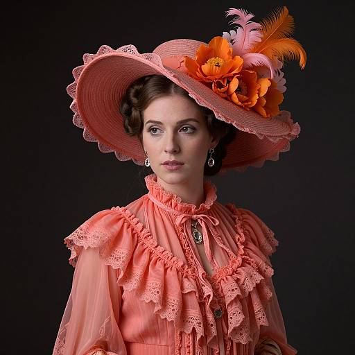 Photograph of a Caucasian woman in an ornate, ruffled pink Victorian dress and wide-brimmed hat adorned with orange flowers and feathers, against