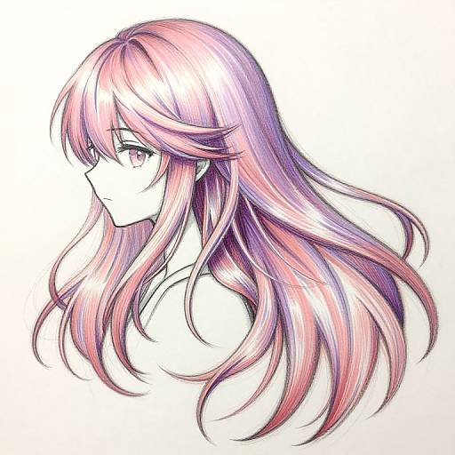 Digital anime-style drawing of a young woman with long, flowing pink and purple hair, side profile, white background, delicate expression.
