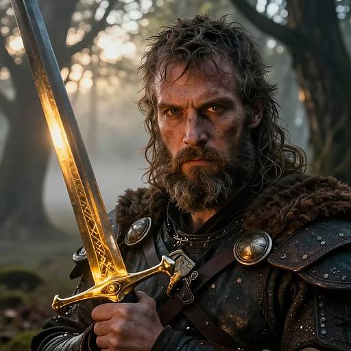 Photograph of a rugged, bearded warrior with messy hair, holding a glowing golden sword in a misty forest; medieval armor with fur trim and