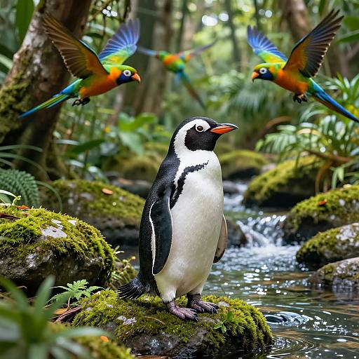 Photograph of a black and white penguin standing in a mossy forest stream, with three colorful parrots flying above.