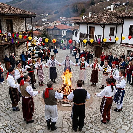 Photograph of a traditional village dance in a cobblestone plaza, with fire at center, dancers in white shirts and colorful vests, surrounded by stone
