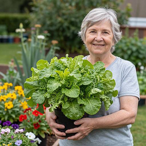 Photograph of smiling elderly woman with short gray hair, wearing light gray shirt, holding lush green lettuce plants, standing in vibrant garden.