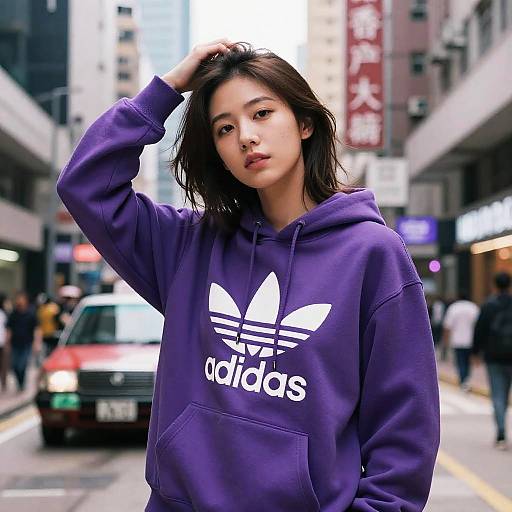 Photograph of an East Asian woman with wet, shoulder-length dark hair, wearing a purple Adidas hoodie, standing in a busy urban street, hand in