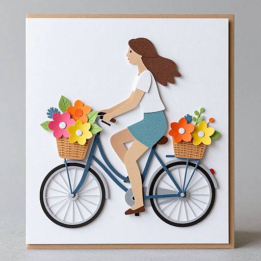 Digital paper collage of a woman with brown hair, white shirt, blue skirt, riding a blue bicycle with flower baskets.