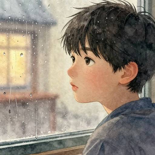 Thoughtful Boy Looking Out Rainy Window