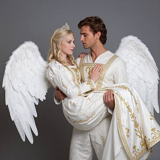 Photograph of a blonde angelic woman with white wings and crown, dressed in an ornate white robe, being gently carried by a dark-haired man