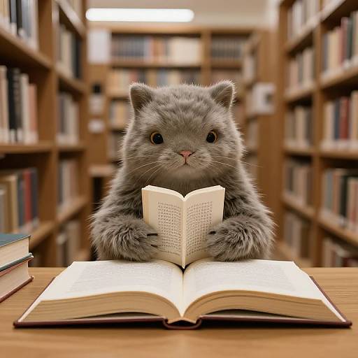 Photograph of a fluffy gray kitten with round eyes reading an open book in a library with wooden shelves filled with books.