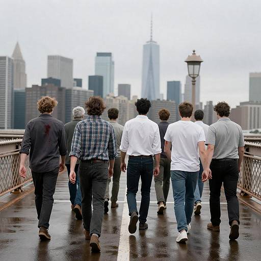Men Walking on a Wet Rusty Bridge