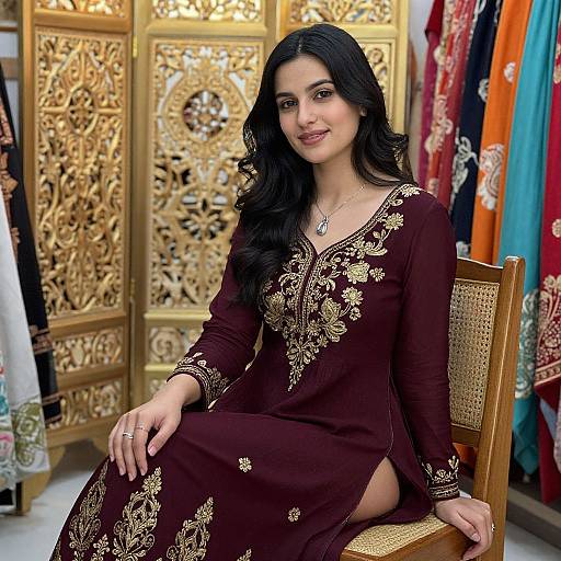 Photograph of a smiling Indian woman with long black hair, wearing an elegant maroon salwar kameez with gold embroidery, seated on a woven