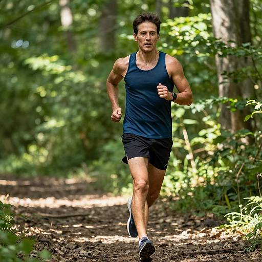 Photograph of a muscular, tan-skinned man with short dark hair running on a forest trail, wearing a black tank top and black shorts, surrounded
