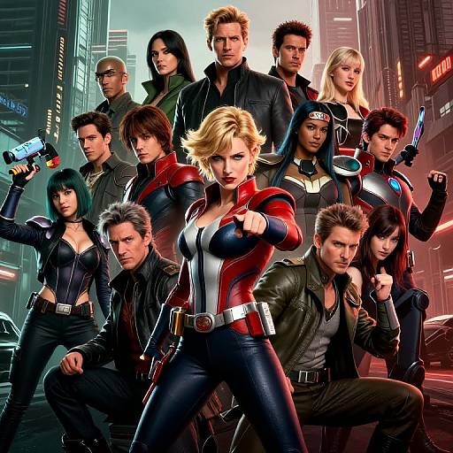 Dynamic superhero team photo: diverse group in sleek black and red outfits, holding guns, standing in futuristic cityscape, intense expressions, digital art style.
