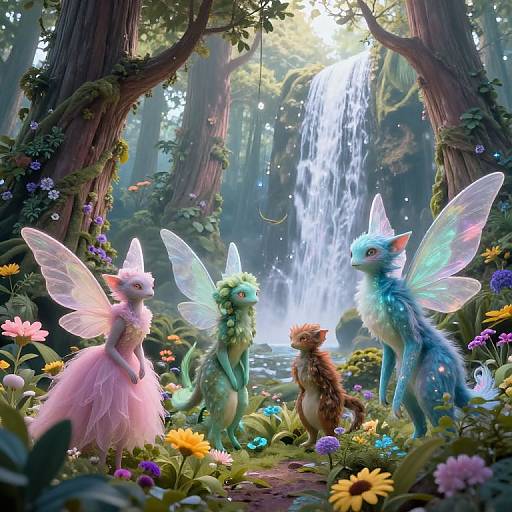Fantastical forest scene with four colorful, fairy-like creatures with translucent wings, standing before a cascading waterfall amidst vibrant flowers and towering trees. Digital