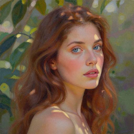 Digital painting of a fair-skinned, blue-eyed, red-haired woman with soft waves, illuminated by sunlight, surrounded by blurred green foliage.
