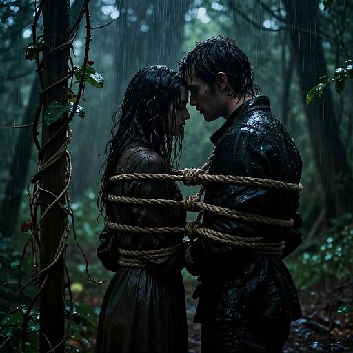 Moody photograph of a wet, bound couple in a dark forest, standing close, gazing into each other's eyes under rain, with thick ropes