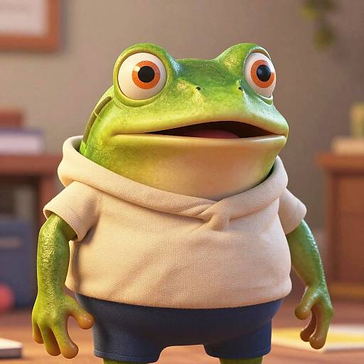  CGI cartoon frog with green skin, large orange eyes, wearing a white hoodie and blue pants, standing indoors with blurred background.