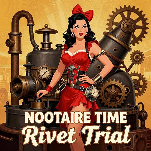Digital artwork of a curvy, red-dressed woman with black hair and red bow, standing beside steampunk machinery, text 