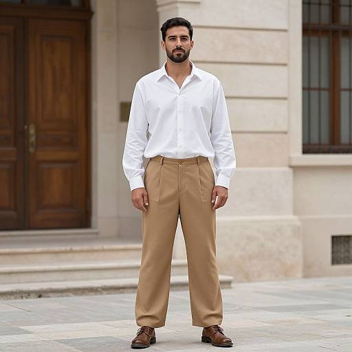 Photograph of a bearded man with dark hair, wearing a white button-up shirt, beige trousers, and brown shoes, standing confidently in front of