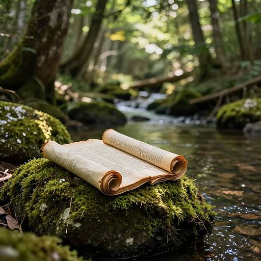 Photograph of an open, rolled parchment on a mossy rock in a sunlit forest stream, with blurred greenery and water in the background.