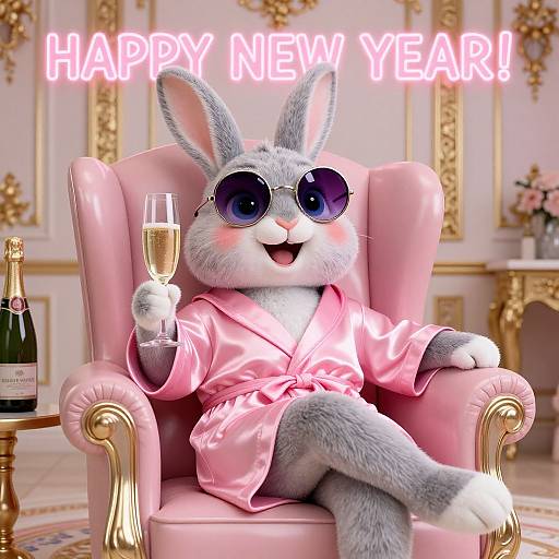 Digital illustration of a gray-furred anthropomorphic rabbit in a pink satin robe, wearing round sunglasses, holding a champagne glass, sitting on a pink velvet
