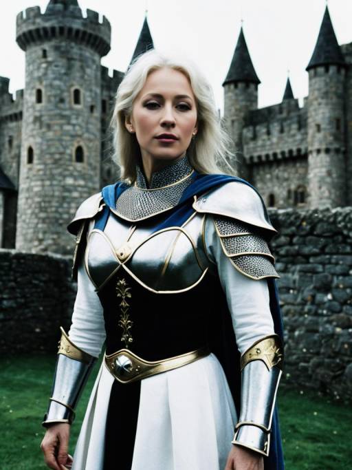 Woman in Medieval Armor with Castle Background