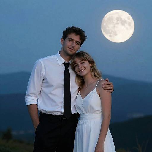 Photograph of a young couple standing close under a full moon, with the man in a white shirt and black tie, and the woman in a white