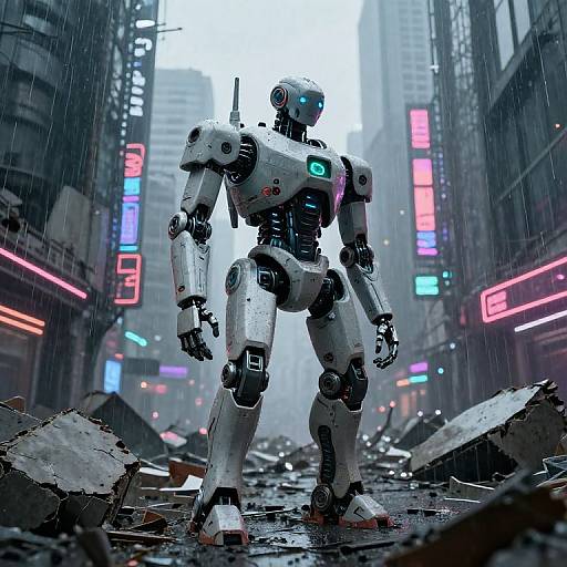 Photorealistic CGI of a white, glowing neon-lit humanoid robot standing in a rain-soaked, dystopian city street with neon signs and rubble