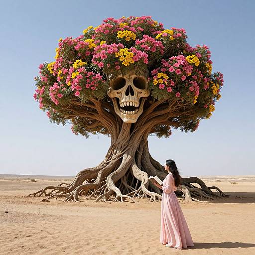 Photograph-style digital artwork of a desert scene with a giant tree featuring vibrant pink and yellow flowers and a skull for a face, standing over a girl