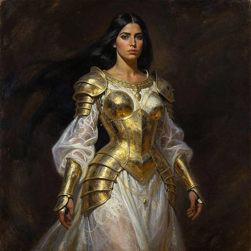 Digital painting of a stern-looking woman with dark hair, wearing gold armor and a white, semi-transparent dress, against a dark background.