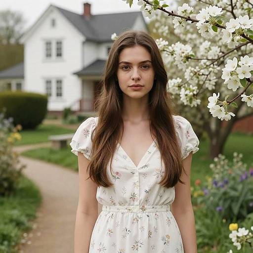 Photograph of a young woman with long brown hair, wearing a white floral dress, standing in a blooming garden with a white house in the background
