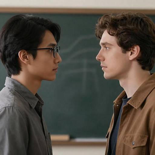 Two young men facing each other in profile