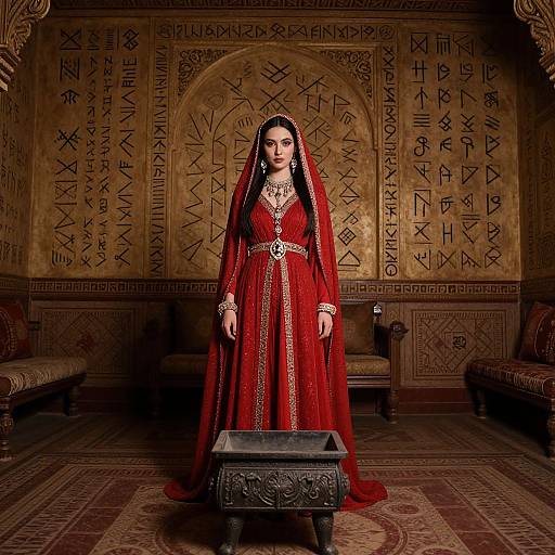 Photograph of a South Asian woman in a rich red bridal outfit with gold embroidery, standing in an ornate, ancient-themed room with carved golden walls