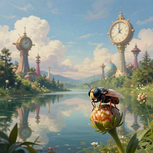 Surreal Enchanted Lake with Time Anomalies