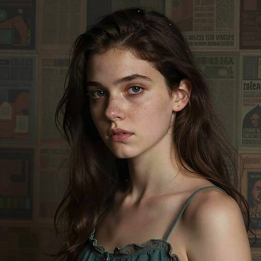 Photograph of a young, pale-skinned woman with long, dark brown hair and blue eyes, wearing a green lace-trimmed top, standing