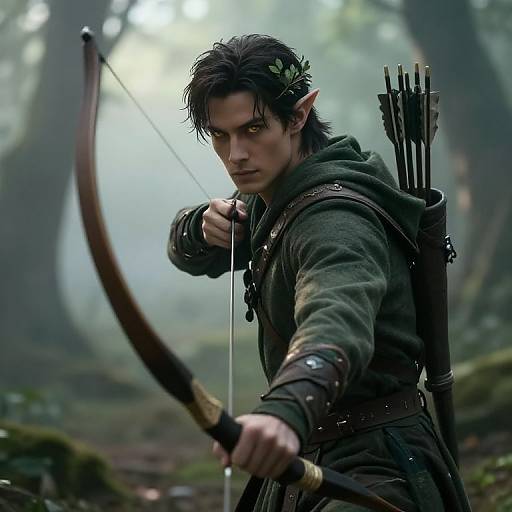 Digital artwork of a serious, elf-like archer with dark hair, green hooded cloak, and quiver of arrows, drawing bow in misty