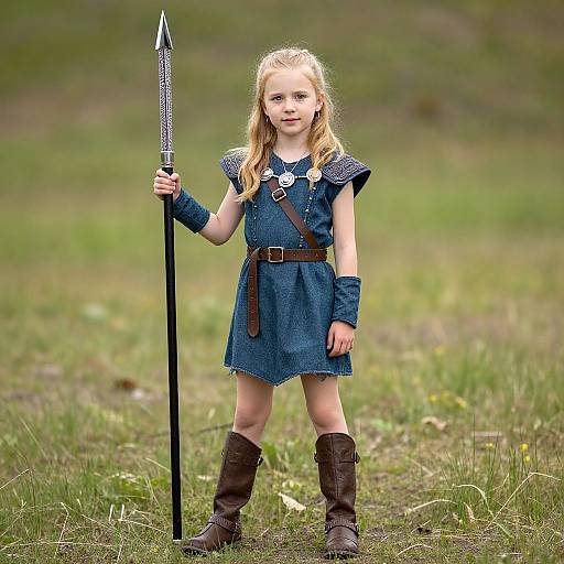 Photograph of a young blonde girl in a blue medieval dress, brown belt, and boots, holding a spear, standing on grass.