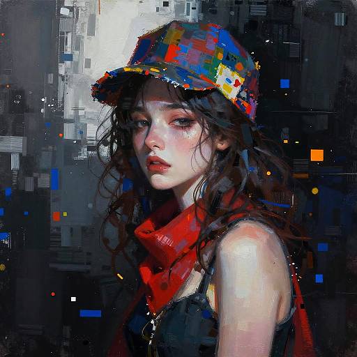 Digital painting of a young woman with wavy dark hair, wearing a colorful, pixelated hat and red scarf, against a dark, glitchy background