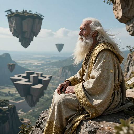Ancient white-bearded wizard in gold-trimmed robes sits on rocky cliff, overlooking floating stone islands and a vast, cloudy landscape. Digital fantasy