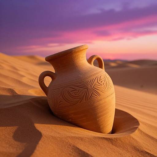 Photograph of an intricately patterned, clay jug with two handles, partially buried in golden sand dunes during a vibrant sunset, with purple and